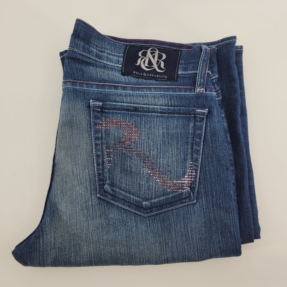 Rock & Republic Kassandra Blue Bootcut Jeans Size 29 Rhinestone‎ Back Pocket USA